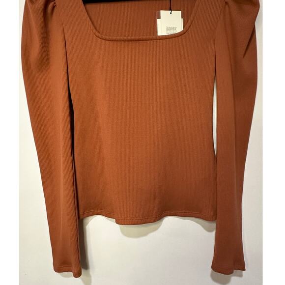 7 For All Mankind Puff Sleeve Square Neck Ribbed Top Size Small NWT Long Sleeves - Picture 7 of 13
